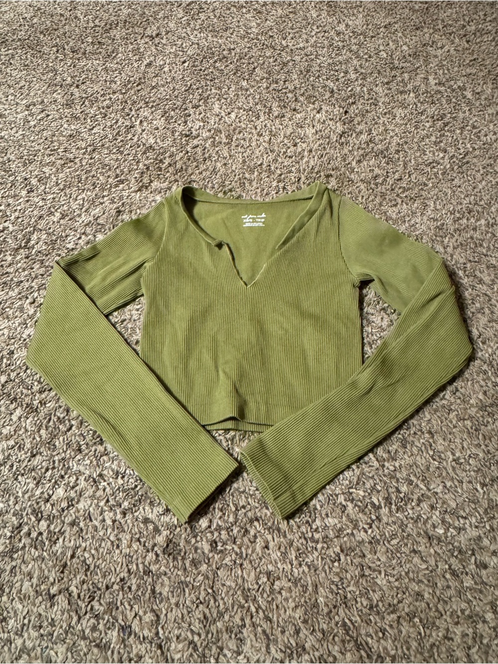 Urban Outfitters Olive Ribbed V-Neck Long Sleeve Crop Top